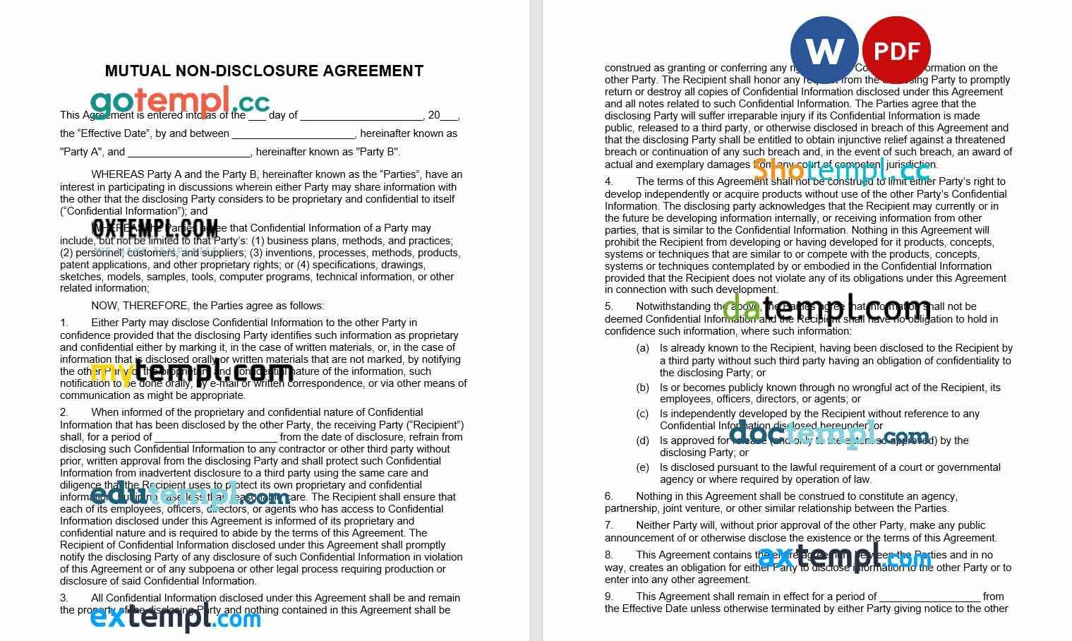 free download mutual non-disclosure agreement NDA example, Word and PDF format