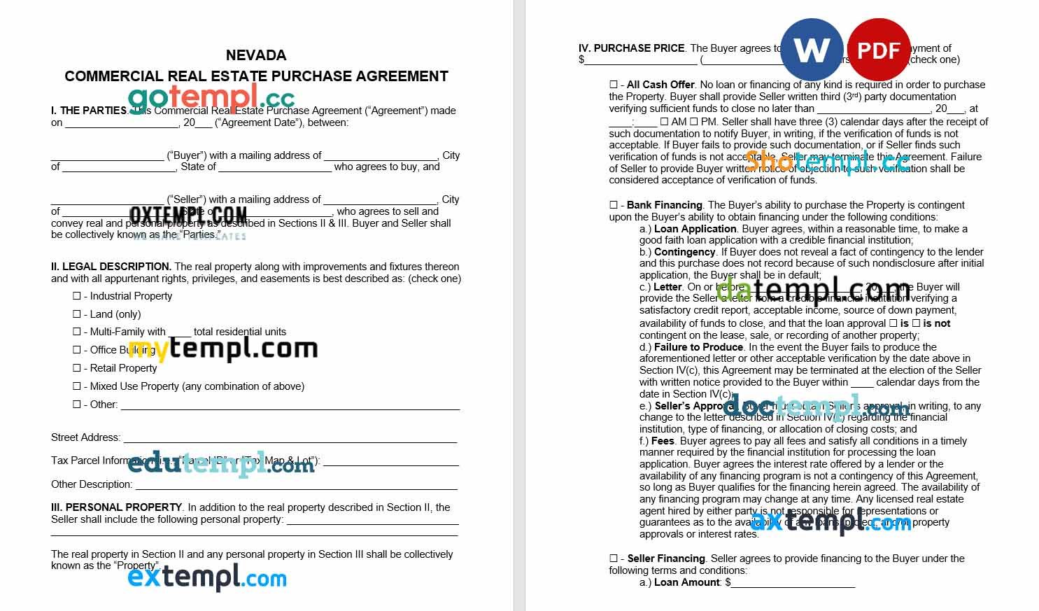 free download Nevada commercial real estate purchase agreement example, Word and PDF format