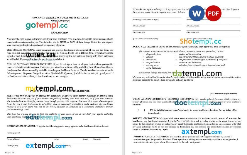 New Mexican Advance Health Care Directive example, fully editable