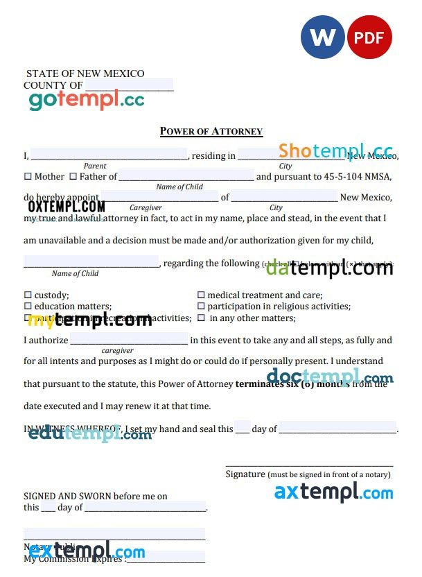 New Mexican Minor Child Power of Attorney Form example, fully editable