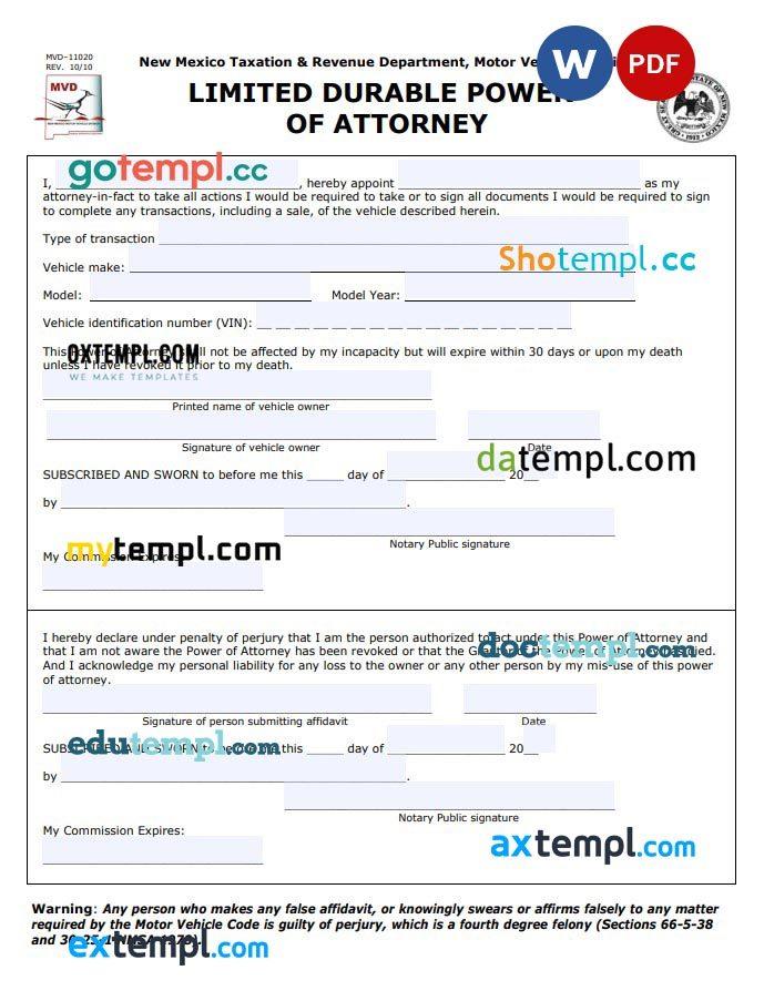 New Mexican Motor Vehicle Power of Attorney example, fully editable