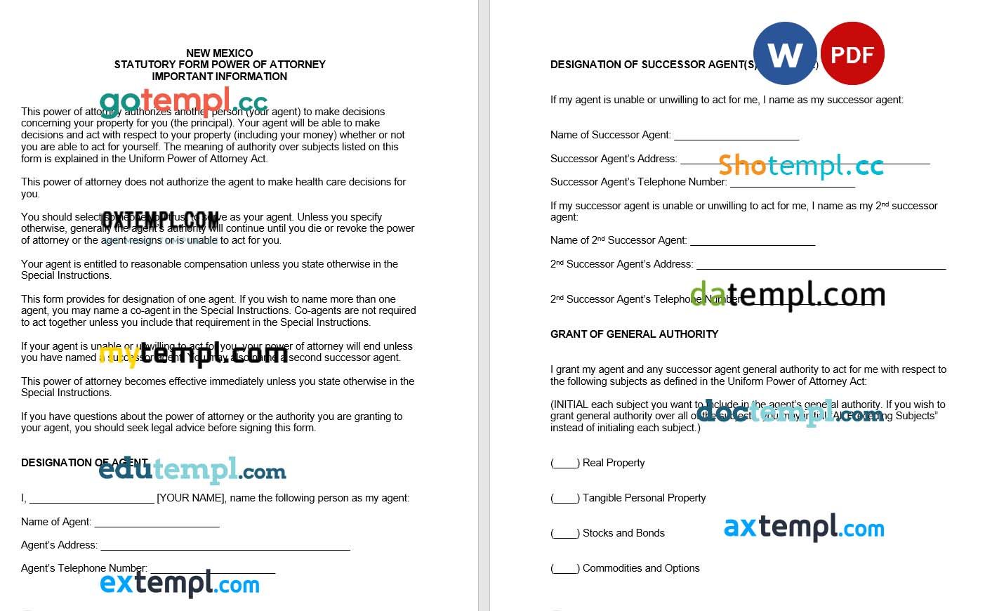 New Mexican Statutory Durable Power of Attorney Form example, fully editable version 1
