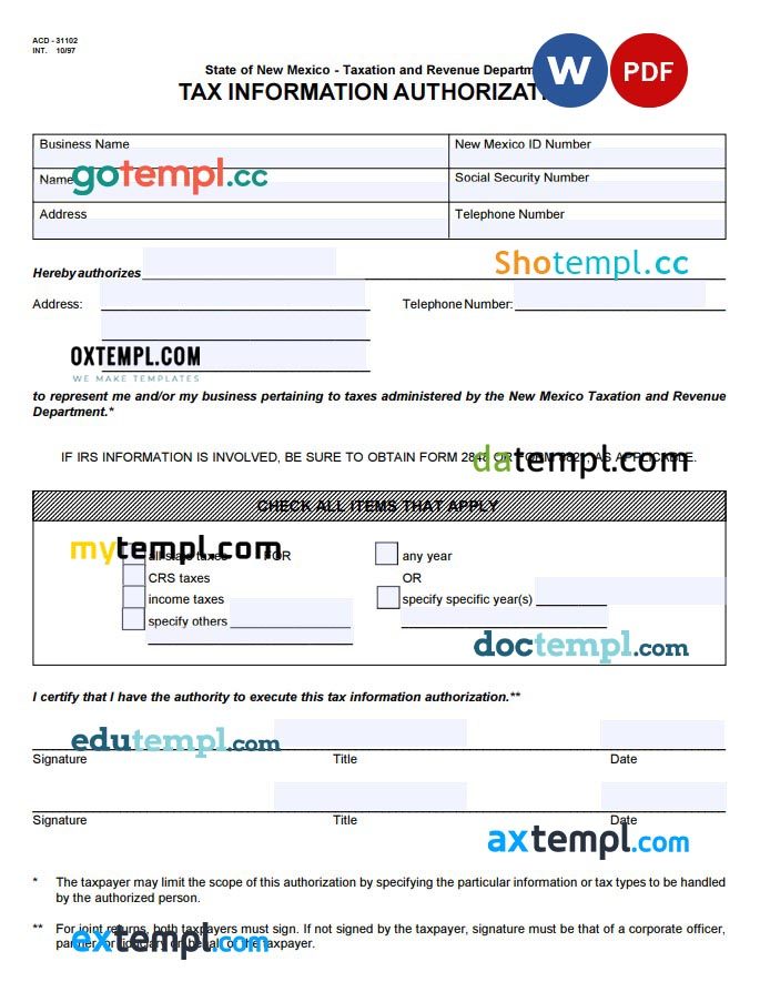 New Mexican Tax Power of Attorney example, fully editable