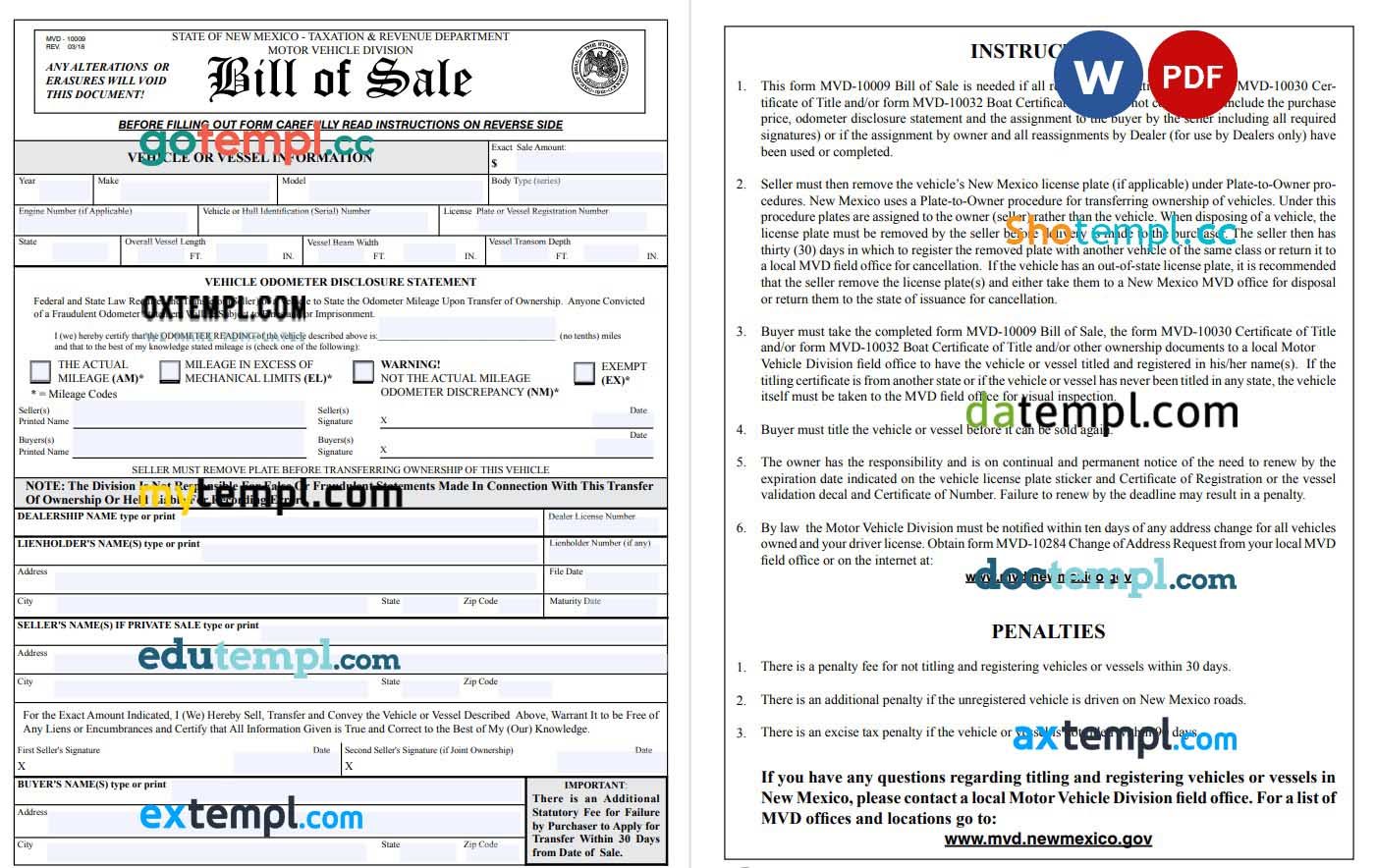 New Mexican Vehicle Vessel Bill of Sale example, fully editable