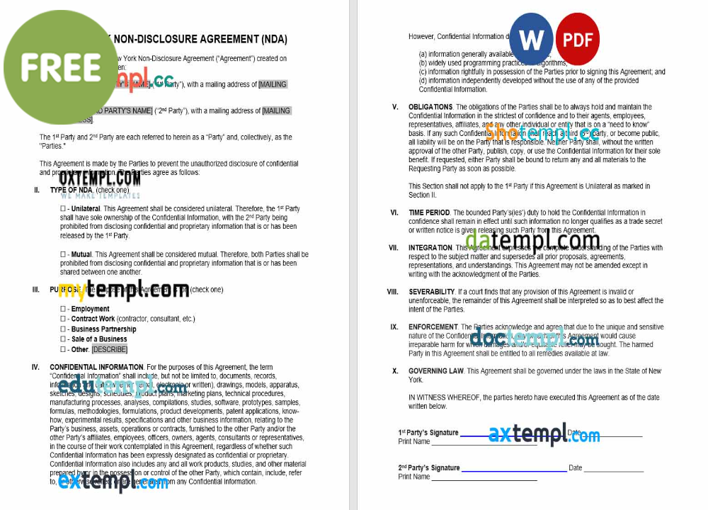 free download New York non-disclosure agreement NDA example, Word and PDF format