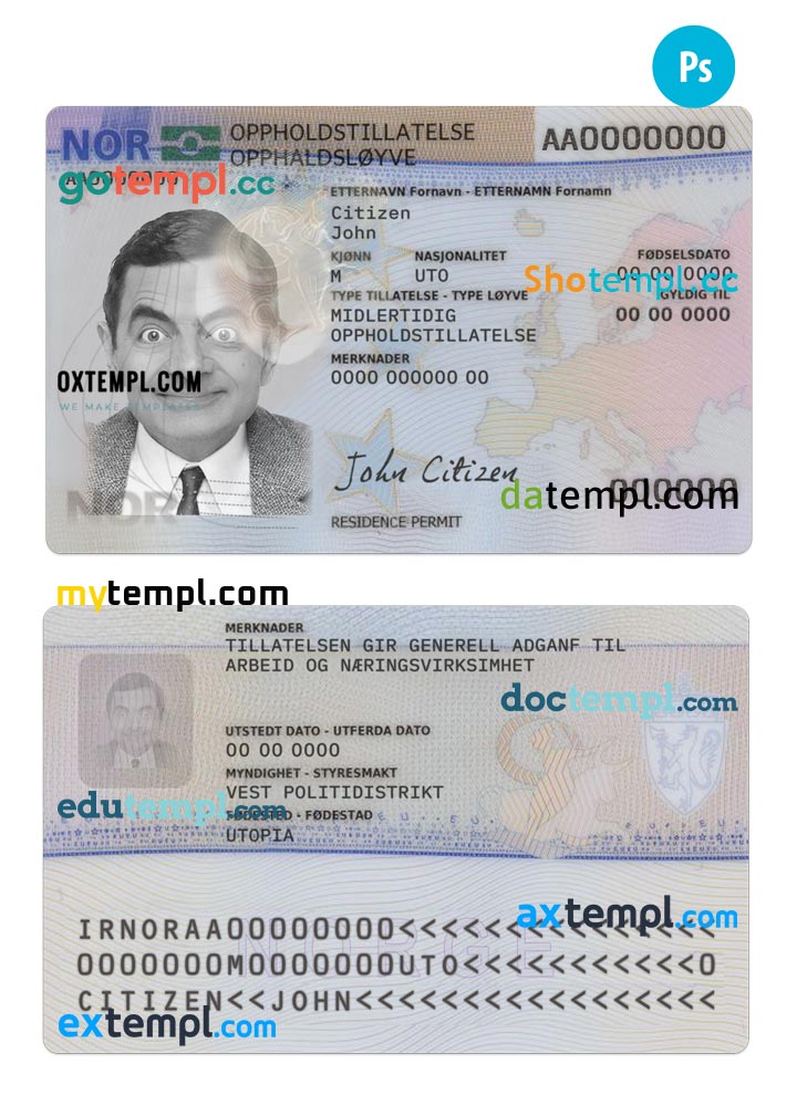 Norway residence permit card PSD template, with fonts