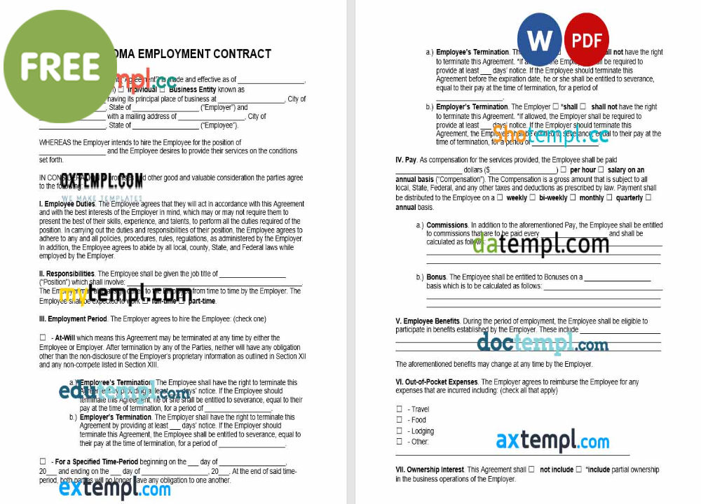 free download Oklahoma employment contract example, Word and PDF format