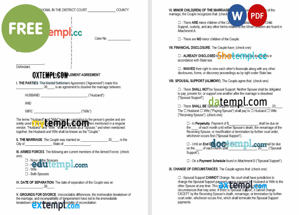free download Oklahoma marital settlement agreement example, Word and PDF format