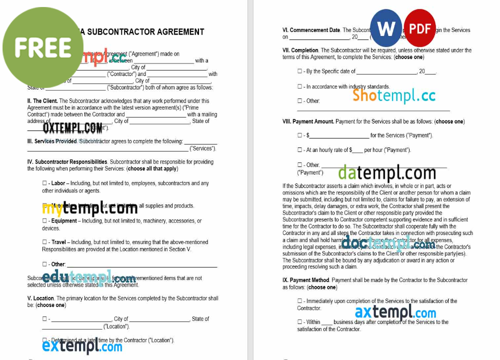 free download Oklahoma subcontractor agreement example, Word and PDF format