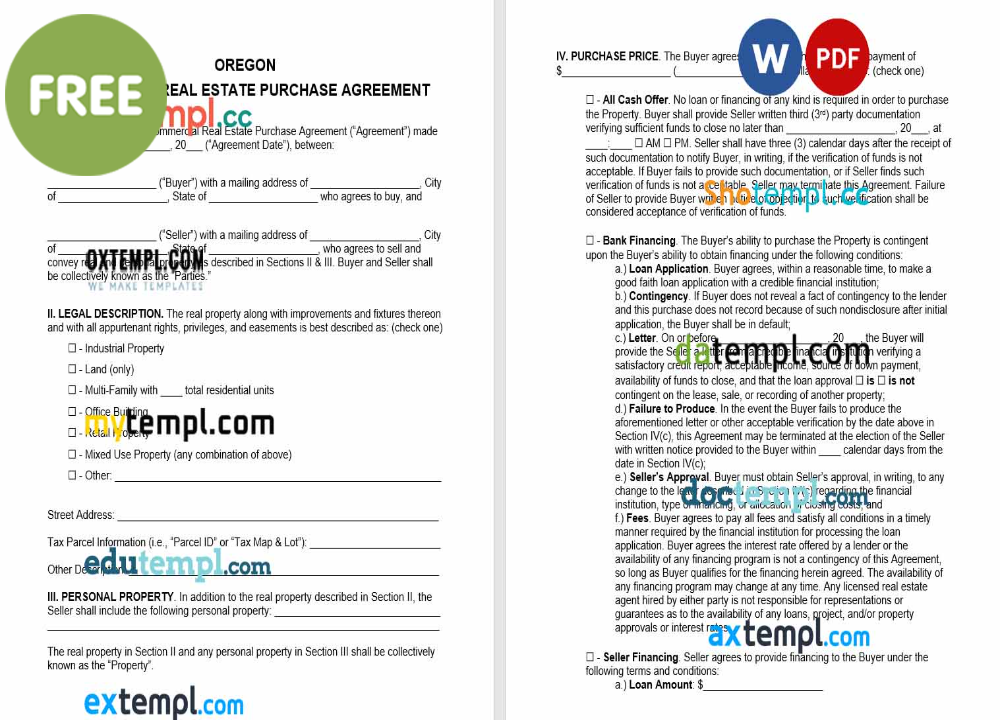 free download Oregon commercial real estate purchase agreement example, Word and PDF format