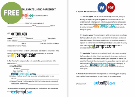 free download Oregon real estate listing agreement example, Word and PDF format
