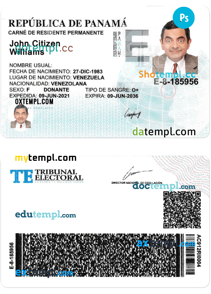 Panamanian residence permit PSD example, with fonts