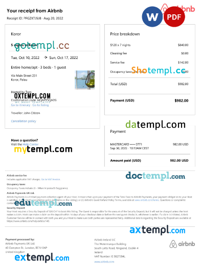 Palauan Airbnb booking confirmation Word and PDF example