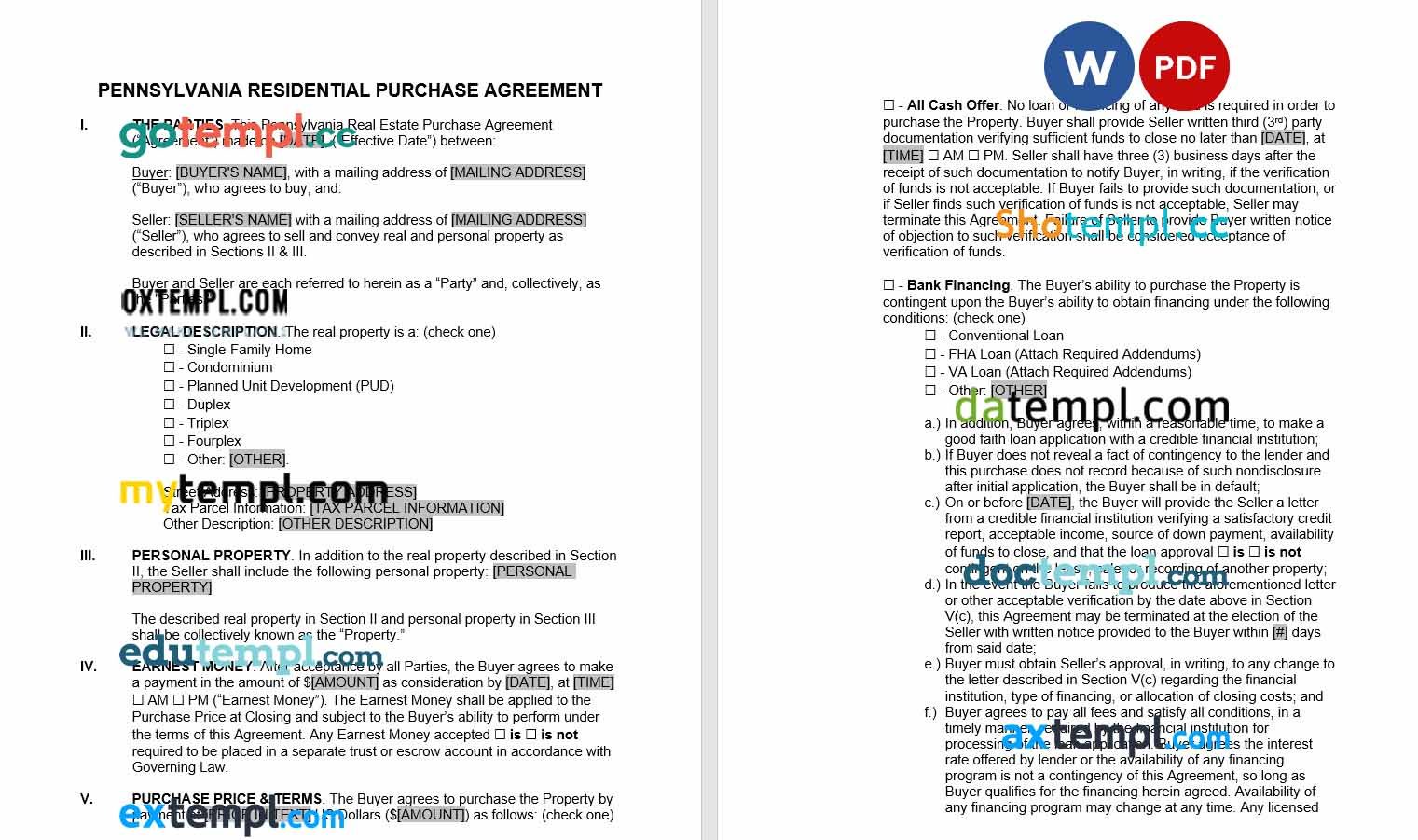 free download pennsylvania residential purchase agreement example, Word and PDF format