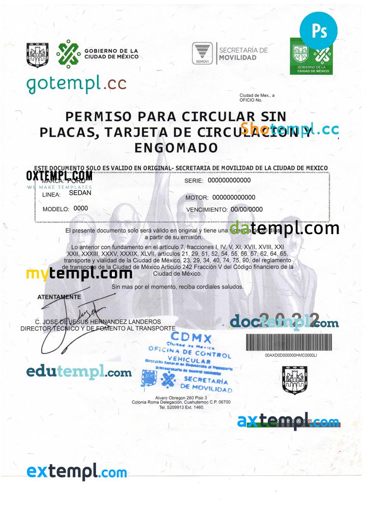 Mexican Permiso Para Circular Sin Placas PSD example, fully editable