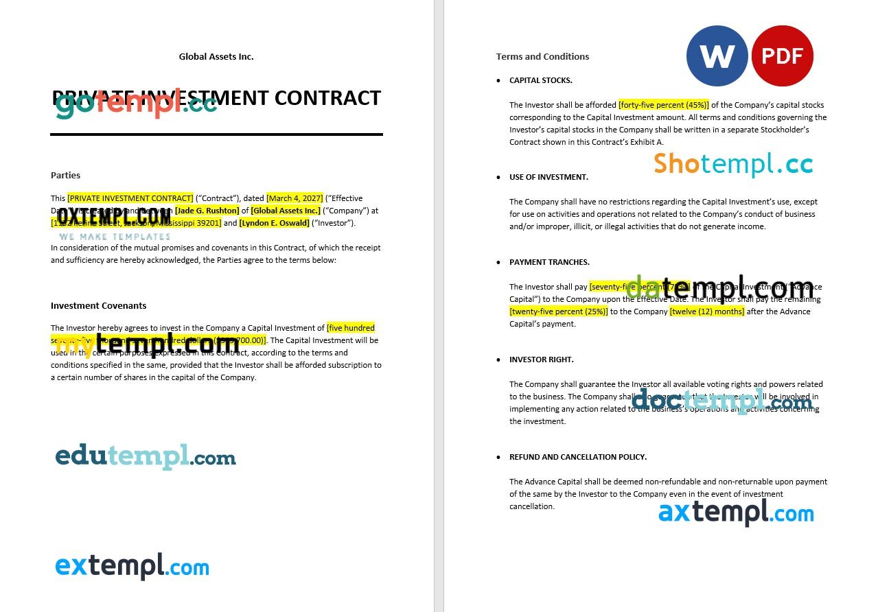 free download private investment contract example, Word and PDF format
