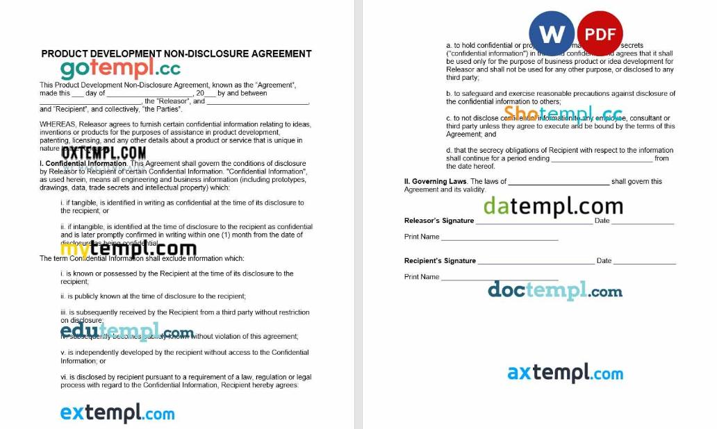 free download product development non-disclosure agreement NDA example, Word and PDF format