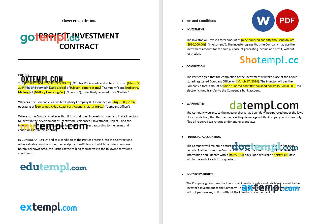 free download project investment contract example, Word and PDF format