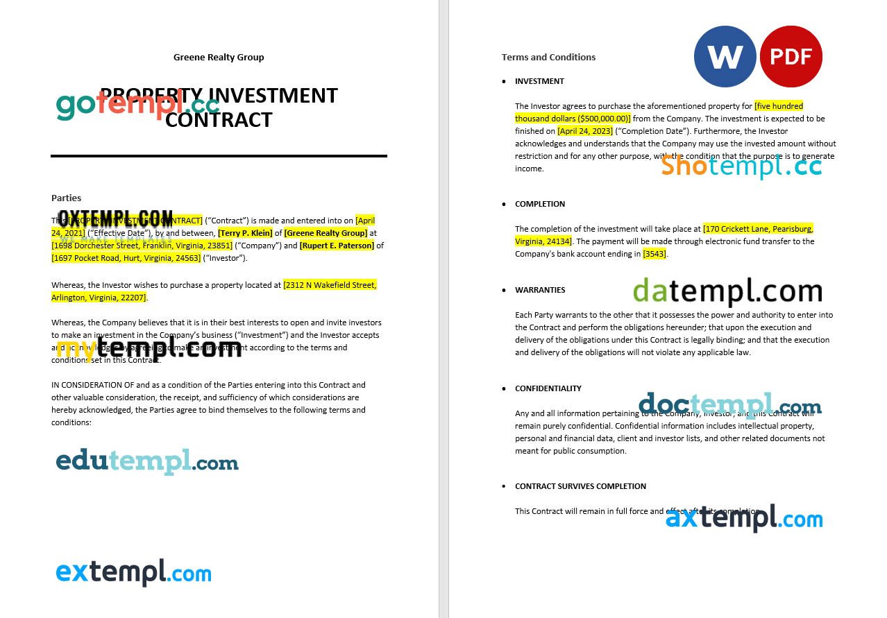free download property investment contract example, Word and PDF format