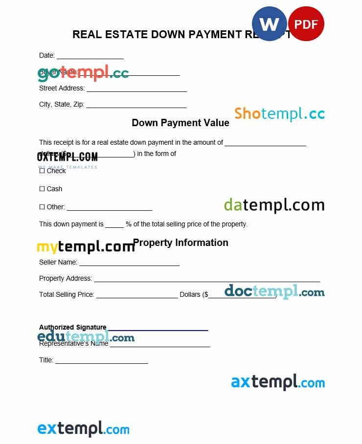 free download real estate down payment receipt example, Word and PDF format