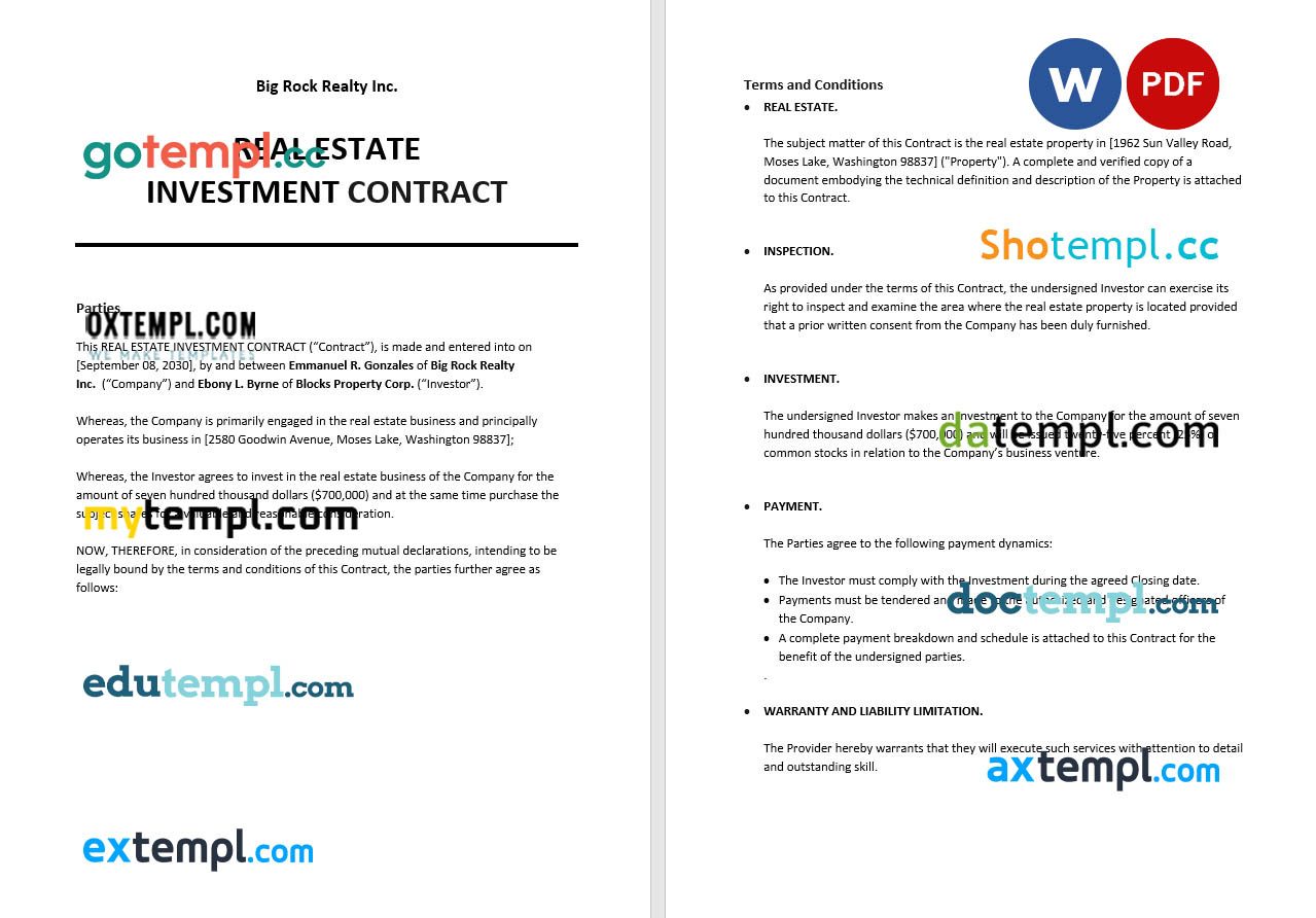 free download real estate investment contract example, Word and PDF format