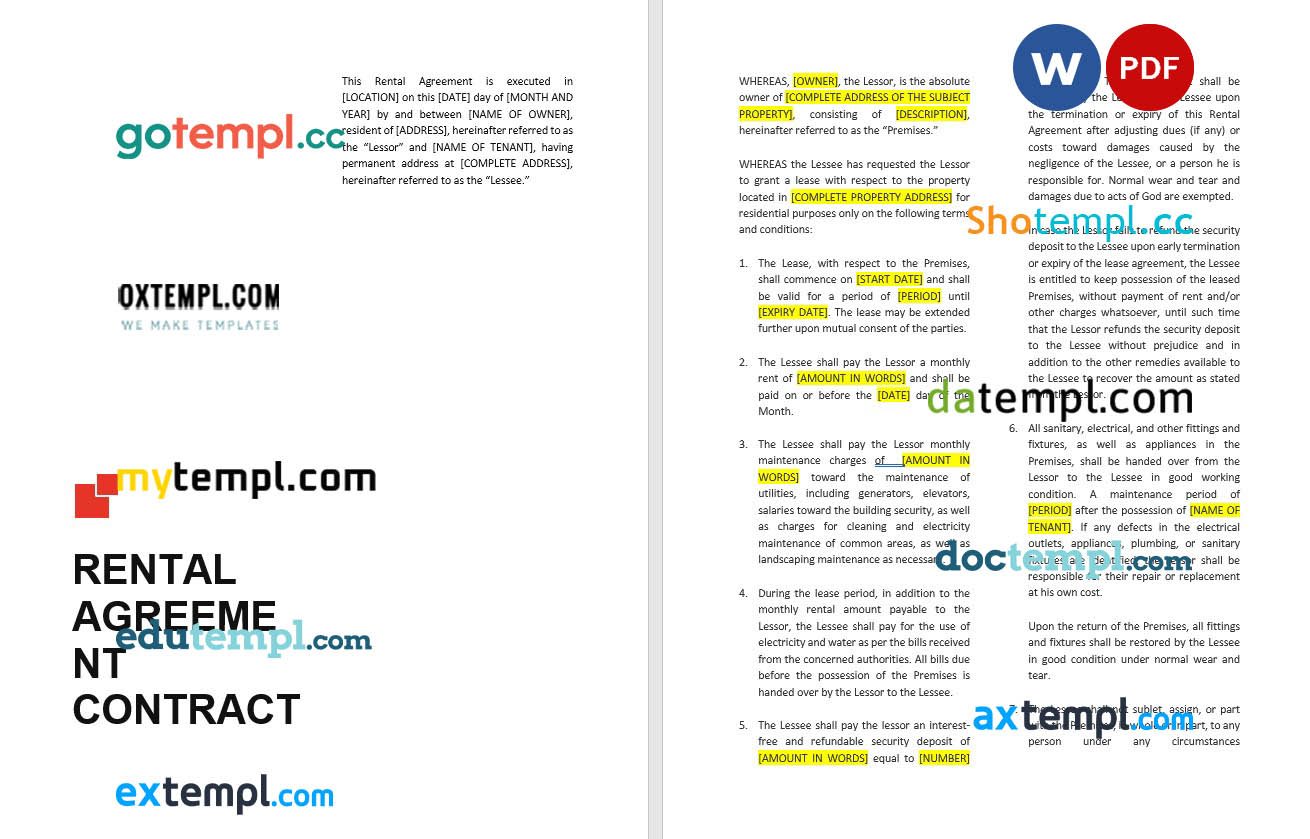 free download rental agreement contract example, Word and PDF format