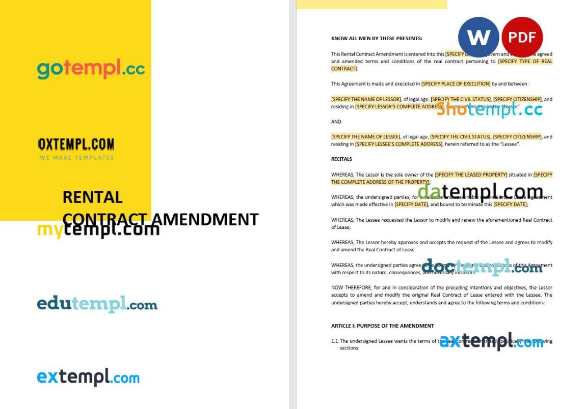 free download rental contract amendment example, Word and PDF format