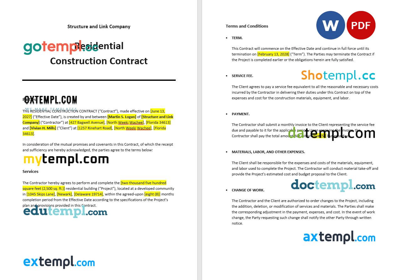free download residential construction contract example, Word and PDF format