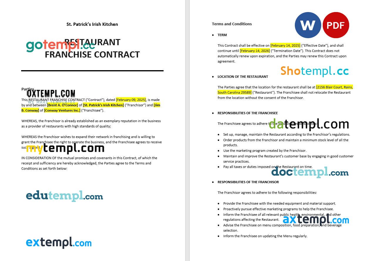 free download restaurant franchise contract example, Word and PDF format