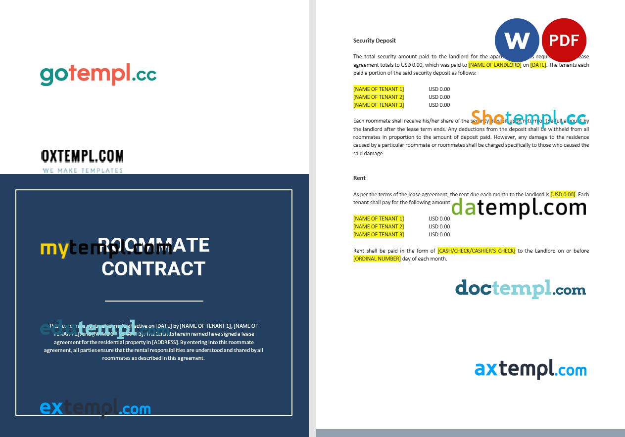 free download roommate contract example, Word and PDF format
