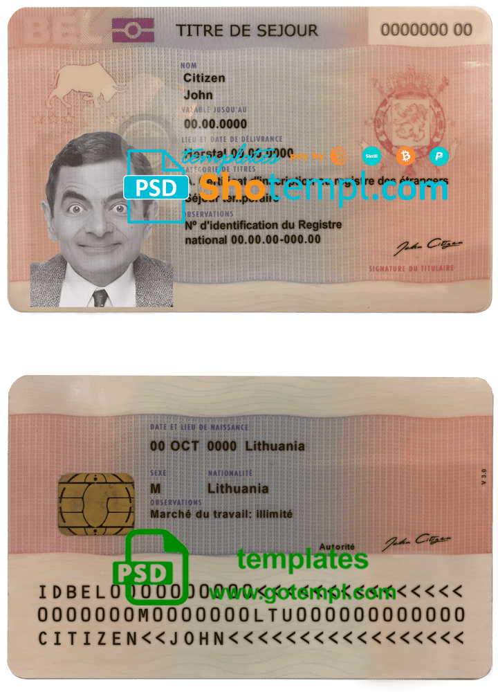 Belgian permanent residence card example in PSD format, fully editable