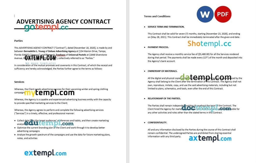 free download advertising agency contract example, Word and PDF format