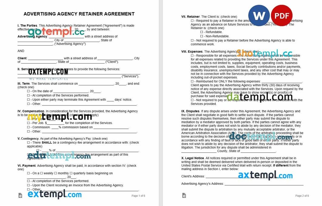 free download advertising agency retainer agreement example, Word and PDF format