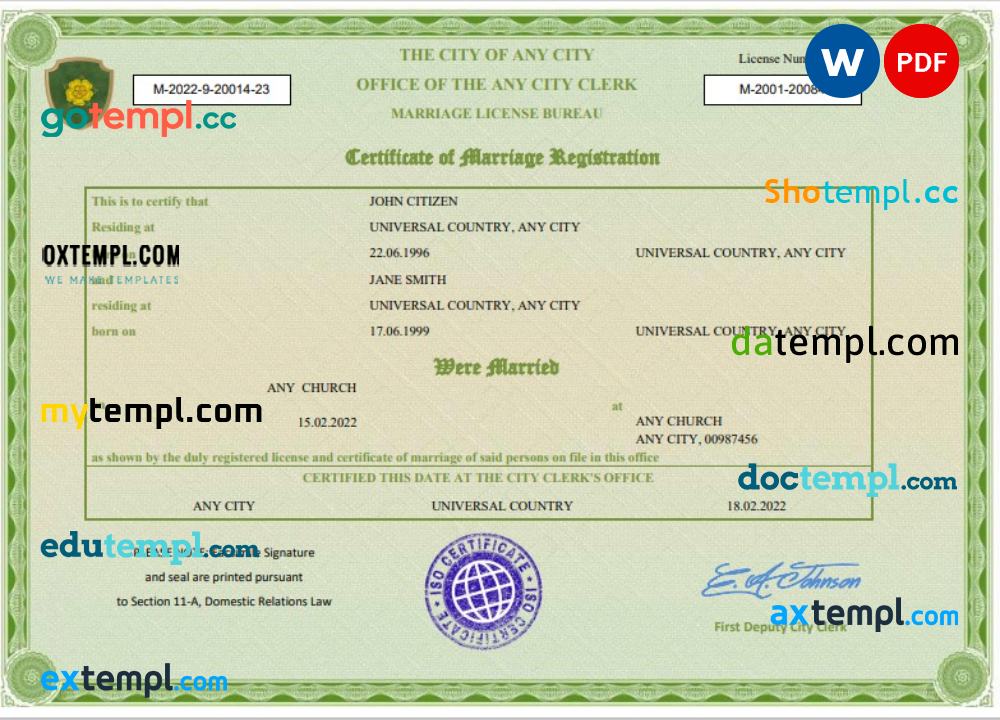 # green universal marriage certificate Word and PDF example, fully editable