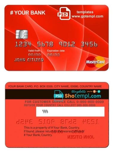 # red creative universal multipurpose bank card example in PSD format, fully editable