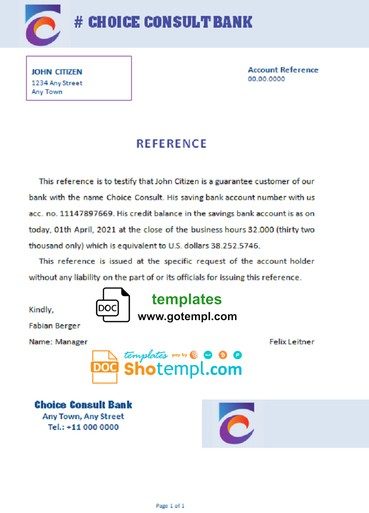 # choice consult bank universal multipurpose bank account reference example in Word and PDF format
