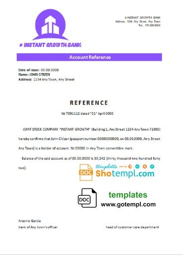 # instant growth bank universal multipurpose bank account reference example in Word and PDF format