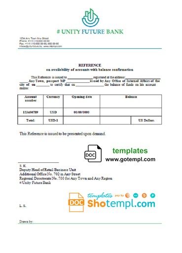 # unity future bank universal multipurpose bank account reference example in Word and PDF format