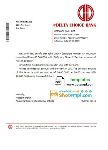 # delta choice bank universal multipurpose bank account reference example in Word and PDF format