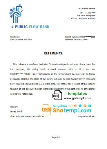 # public flow bank universal multipurpose bank account reference example in Word and PDF format