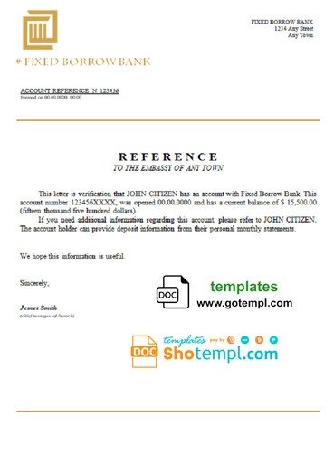# fixed borrow bank universal multipurpose bank account reference example in Word and PDF format