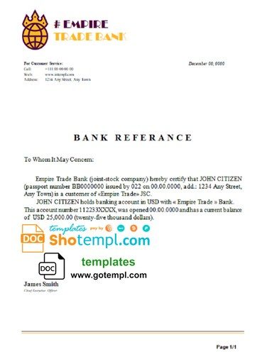 # empire trade bank universal multipurpose bank account reference example in Word and PDF format