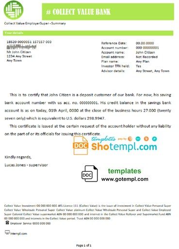 # collect value bank universal multipurpose bank account reference example in Word and PDF format