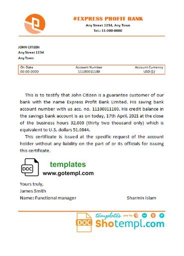# express profit bank universal multipurpose bank account reference example in Word and PDF format
