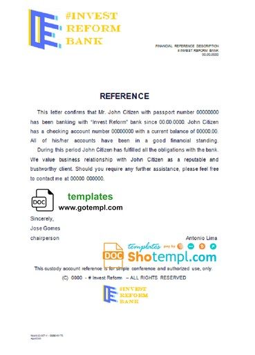 # invest reform bank universal multipurpose bank account reference example in Word and PDF format
