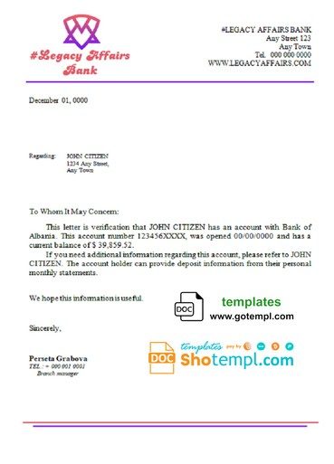 # legacy affairs bank universal multipurpose bank account reference example in Word and PDF format