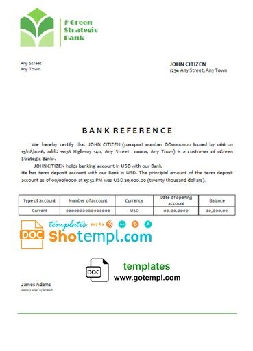 # green union bank universal multipurpose bank account reference example in Word and PDF format