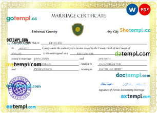 # adore universal marriage certificate Word and PDF example, fully editable