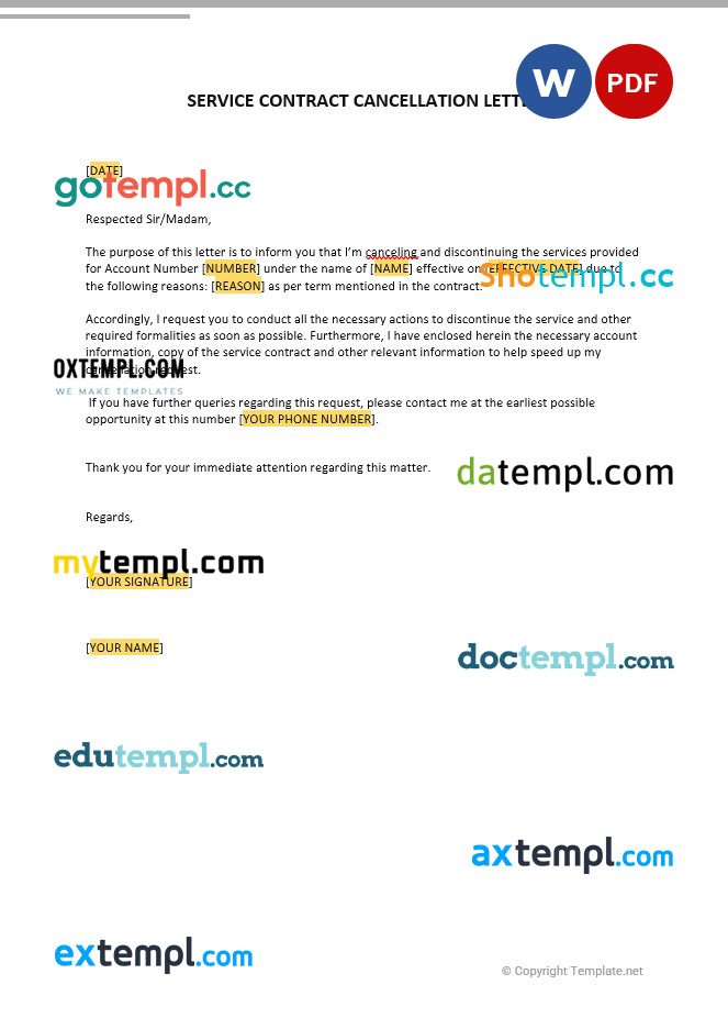 free download service contract cancellation letter example, Word and PDF format