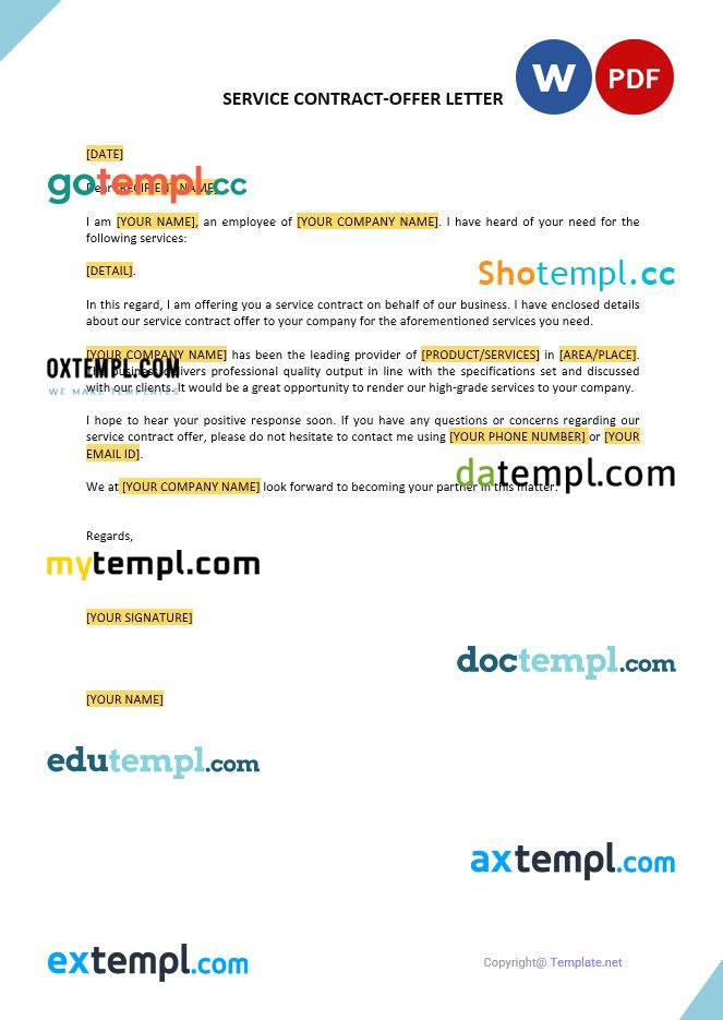 free download service contract offer letter example, Word and PDF format